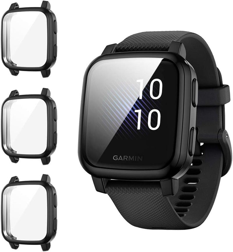 حزمة 3 لجراب ساعة Garmin Venu Sq / Venu Sq Music الذكية، [مضاد للخدش] واقي شاشة 9H، غطاء واقي كامل من TPU - أسود + أسود + أسود